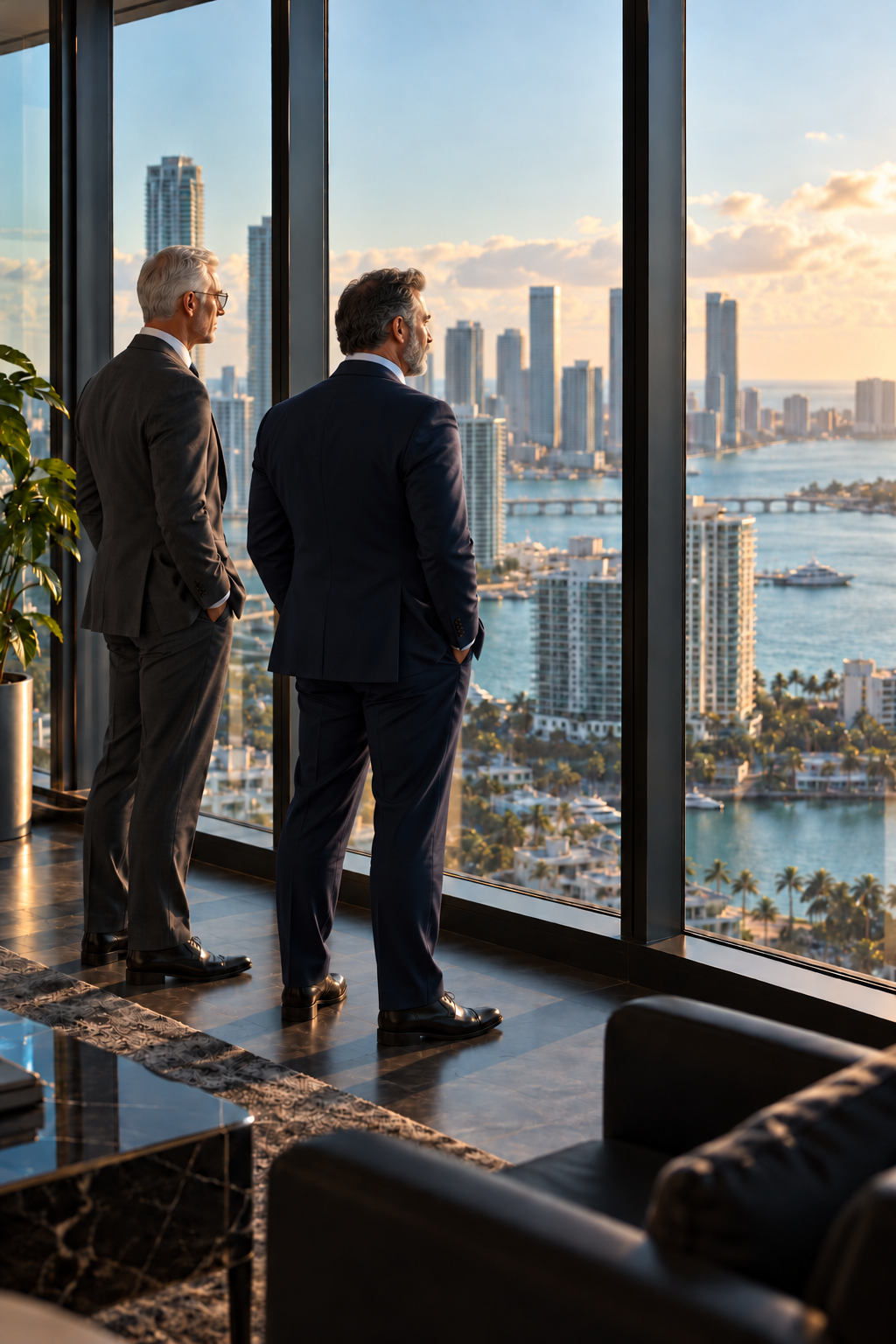 Illustrative image of two older businesspeople in suits looking out over Miami from a high-rise office
